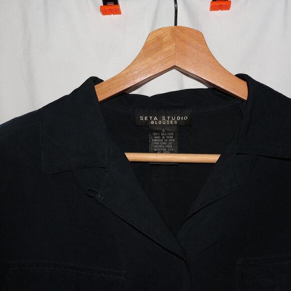 Seta Studio Blouses 100% Silk Size Small Short Sleeve Midnight Blue Button Up - Picture 9 of 13